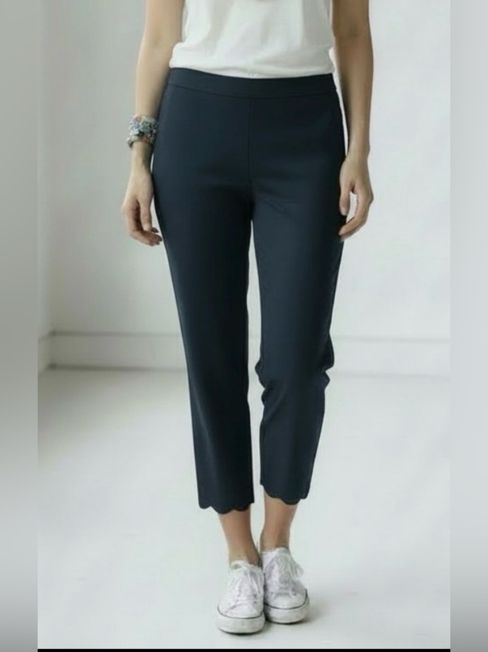 Talbots Navy Chatham Crop, Cotton Blend, Scallop-Hem Pants, Size 12